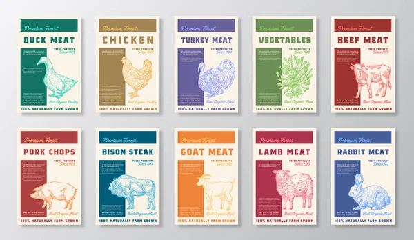 Premium Finest Meat Poultry Vegetables Vector Packaging Product Label Design - Stok Vektor