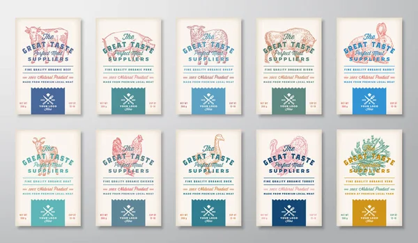 Risograph Effect Meat Poultry Vegetables 약자이다 Vintage Vector Food Packaging — 스톡 벡터