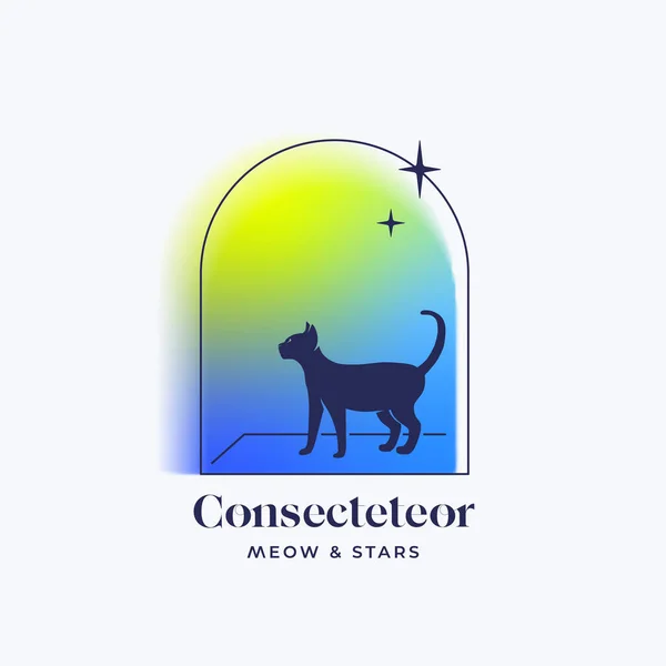 ブラリーY2Kオーラブルータリズムスタイル抽象ベクトルロゴテンプレート 空の背景に星と夜のアーチ窓の猫のシルエット — ストックベクタ