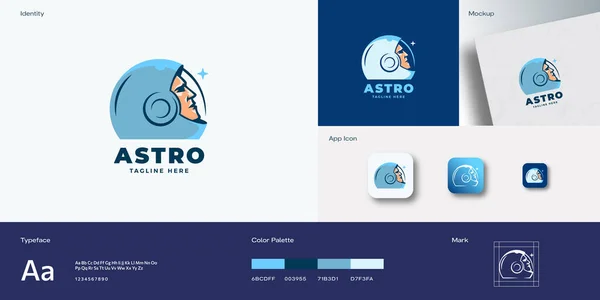 Astro Astratto Segno Vettoriale Emblema Logo Modello Faccia Astronauta Tuta — Vettoriale Stock