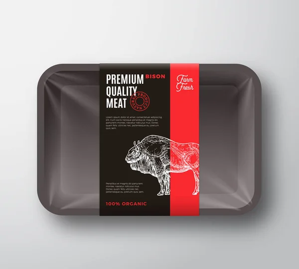 优质野牛肉品包装设计布局与标签条 带有切洛芬尼的矢量食品塑料托盘容器涵盖现代字体和手绘水牛轮廓背景 — 图库矢量图片