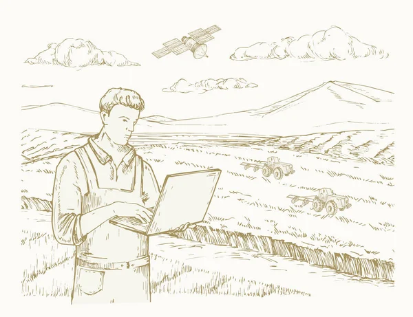 Точне Землеробство Векторні Ілюстрації Рука Намальована Фермер Ноутбуком Робочі Трактори — стоковий вектор