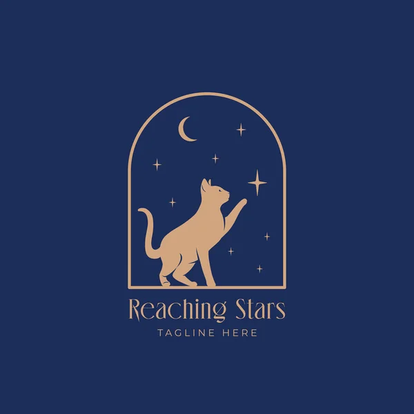 Кота Тянущегося Звездному Логотипу Искушают Кошачий Силуэт Окне Ночной Арки — стоковый вектор