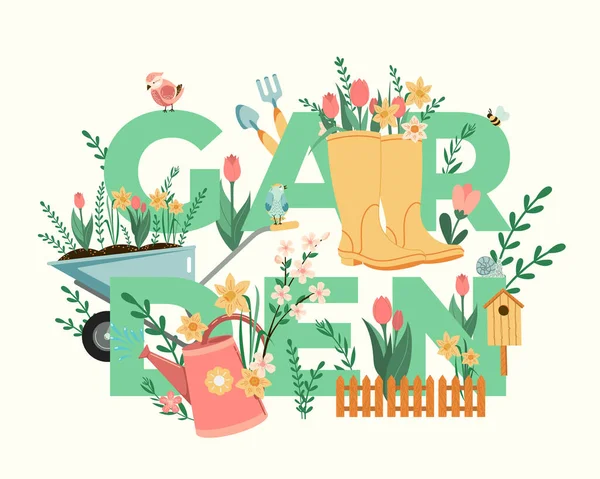 Trädgårdstypografi Vektor Illustration Trädgårdstitel Med Växter Blommor Fåglar Och Trädgårdsredskap — Stock vektor