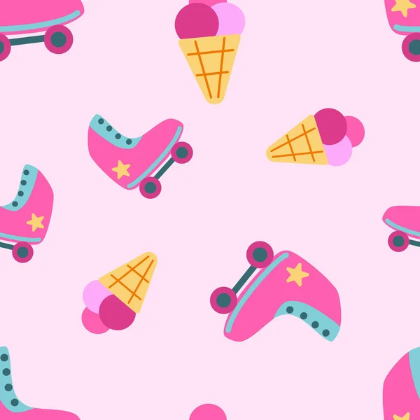 stock vector Barbiecore hot pink toy roller skates and icecream vector seamless pattern. Doll themed colorful wallpaper background