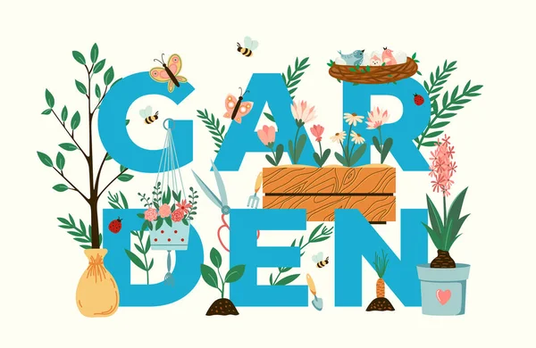 Trädgårdstypografi Vektor Illustration Trädgårdstitel Med Växter Blommor Fåglar Och Trädgårdsredskap — Stock vektor