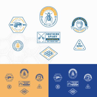 Arı Balı Çiftliği Çerçeveli Rozetler ve Logo Şablonları Koleksiyonu. Retro Typography ile El Çizimi Arısı Apiary Honeycomb Kovan Çizimleri. Klasik İşleme Biçimi Amblemleri Seti. İzole edilmiş
