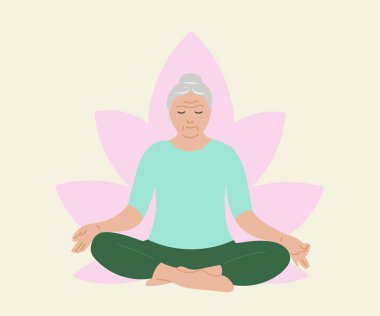 Yaşlı kadın zihinsel sağIık iyileştirme vektör çizimi. Psişik rahatlama yaşlı bayan meditasyon yapıyor. Olgun kadın özenli düz çizim. İzole edilmiş