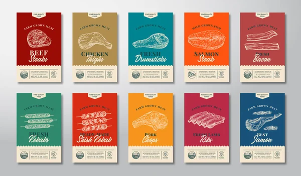 Carne Pescado Aves Corral Kebabs Resumen Vector Packaging Labels Design — Vector de stock