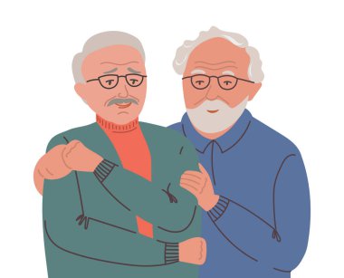 Yaşlı eşcinsel çift vektör illüstrasyonu. Yaşlanmış yaşlı LGBT erkekleri sakin ve sevgi dolu kucaklaşıyorlar. Olgun insanların portresi. İzole edilmiş
