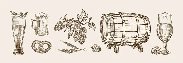 Набор Векторных Иллюстраций Пива Ручной Рисунок Пивоварни Предметы Кружка Стекло — стоковый вектор