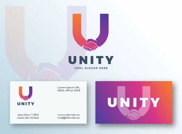 Unity Abstrakt Vektor Logotyp Och Visitkort Mall Handskakningssymbol Ingår Brev — Stock vektor