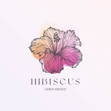 Hibiscus bulanık vektör y2k aura şekli, el çizimi çiçek ve tipografi ile. Stresli vahşet etkisi logo şablonu. Renkli çağdaş dekoratif gradyan amblemi. İzole edilmiş