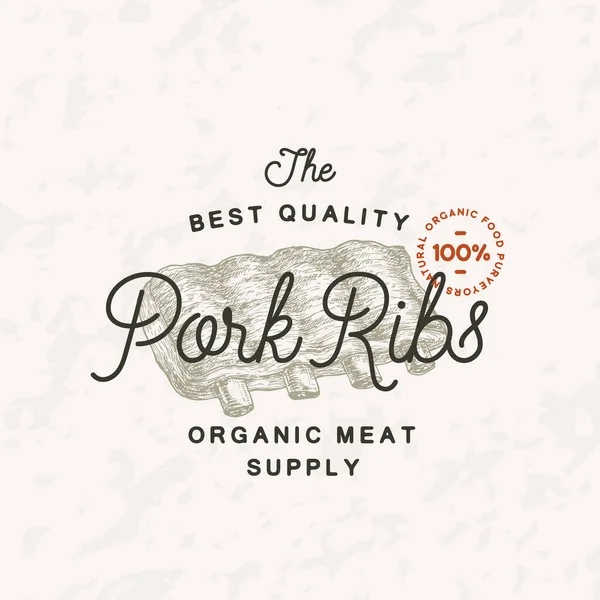 Pork Ribs Vintage Vector Label Logo Template Engraving Style Meat — Stock Vector