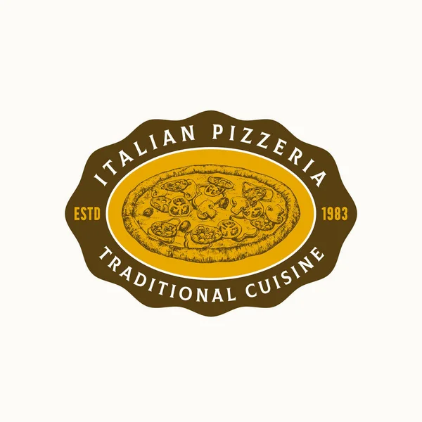 Modèle Logo Signe Vectoriel Abstrait Cuisine Italienne Pizza Croquis Dessinée — Image vectorielle