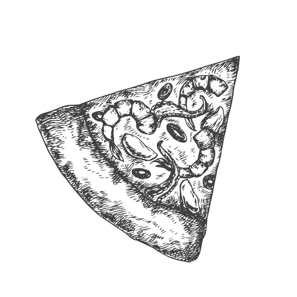 Pizza Piece Med Räkor Oliver Och Åttaarmad Bläckfisk Handritad Skiss — Stock vektor