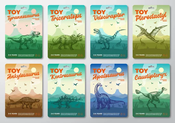 Dinosaur Toy Product Labels Template Set Abstract Vector Packaging Design — Stockvector