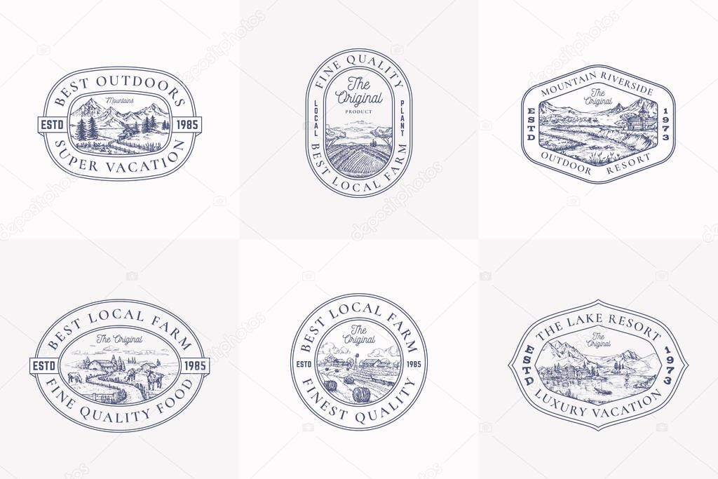 Local Farm Outdoor Products Retro Logo Templates Set. Hand Drawn Landscape Sketches with Typography and Borders Emblems. Countryside Recreation Resort Frame Badges Collection. Isolated