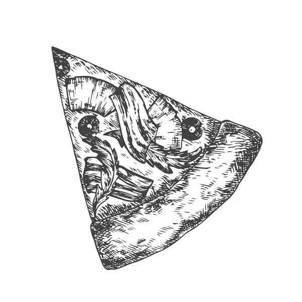 Pizzastück Mit Speck Oliven Und Basilikum Handgezeichnete Skizze Food Vector — Stockvektor