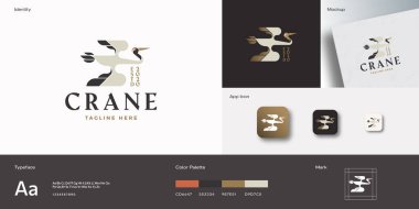 Soyut Crane Bird Vector İllüstrasyonu. Typography ile Uçan Leylek Silueti Geometri. Moda Logosu ve İş Kartı Şablonu. Premium Sabit Gerçekçi Mock Up. İzole edilmiş