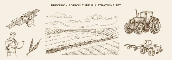 Precision Agriculture Vector Illustrations Set Handgezeichneter Landwirt Mit Laptop Traktor — Stockvektor