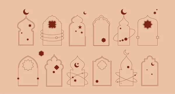 Исламские Оконные Рамы Современной Коллекцией Иллюстраций Бохо Звёзд Лунных Элементов — стоковый вектор