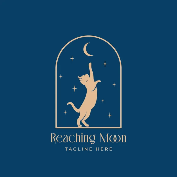 猫は月抽象ベクトルロゴテンプレートに到達します 空の背景に月や星と夜のアーチ窓の猫のシルエット — ストックベクタ