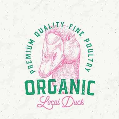 Risograph Style Duck Meat Farm Retro Rozet Logo Şablonu. Retro tipografili El Kuşu Surat skeci. Klasik Kümes Hayvanları Biftek Taslak Yazısı. İzole edilmiş