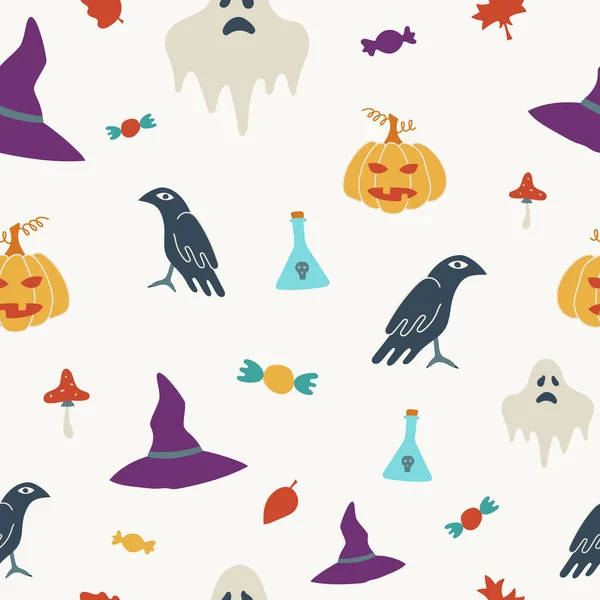 Halloween Contemporâneo Moderno Vetor Ilustrações Padrão Sem Costura Elementos Coloridos —  Vetores de Stock