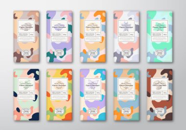 Çikolata Etiketi Şablon Seti. Soyut Şekil Vektör Paketleme Düzenleme Gerçekçi Gölge El Çizimi Fındık Baharatları Silueti ve Renkli Kamuflaj Kalıpları Koleksiyonu. İzole edilmiş