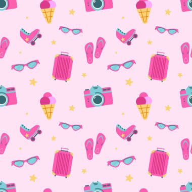 Barbiecore seksi pembe oyuncak patenler, bavullar, kameralar, gözlükler ve buz kalıpları. Bebek temalı renkli duvar kağıdı arkaplanı