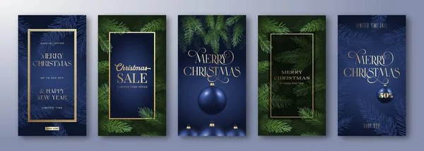 Weihnachtsgeschichten Vector Advertising Cards Collection Kiefernzweige Hintergrund Mit Realistischen Kugeln — Stockvektor
