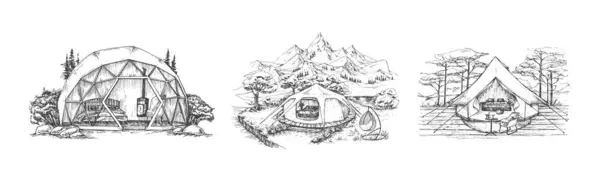 Camping Tents Recreation Illustrations Set. Hand Drawn Comfortable Outdoor Landscape Scenery Bundle. Modern Nature Rest Sketch Drawings Collection. Isolated