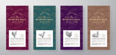 Premium Kalite Et ve Tavuk Etiketleri. Soyut Vektör Paket Tasarımı veya Kartlar. Modern Typography and Hand Drawn Domestic Animals Siluet Arka plan Modelleri. Yumuşak Gerçekçi Gölgeler İzole Edildi