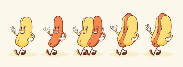 Groovy Hotdog Retro Characters Set Tecknad Korv Och Bun Walking — Stock vektor