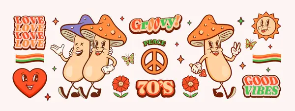 Groovy Mushrooms Retro Character Illustrations Set Cartoon Friends Walking Smiling — Stock Vector