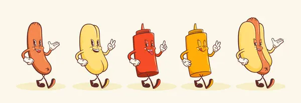 Groovy Hotdog Retro Personage Illustraties Set Cartoon Worst Bun Ketchup Rechtenvrije Stockillustraties