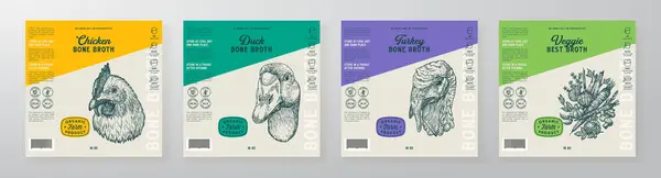 骨肉汤标签模板设置 病媒食品包装设计图集 肉鸡现代天然饮食汤产品背景与雕刻风格画 被隔离了 — 图库矢量图片