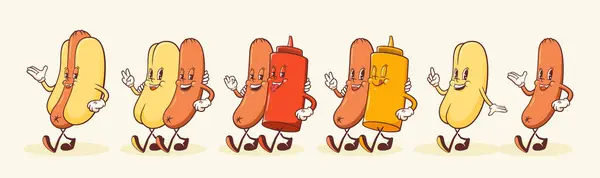 Groovy Hotdog Retro Character Illustrations Set Embutido Dibujos Animados Bollo Vectores de stock libres de derechos