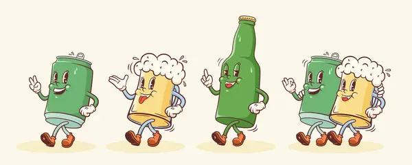 Groovy Beer Mug Och Can Retro Character Illustration Tecknad Drink — Stock vektor