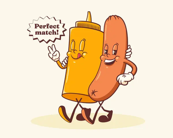 Groovy Hotdog Retro Characters Label Tecknad Korv Och Senap Flaska — Stock vektor