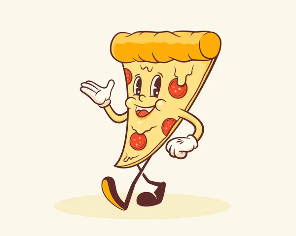 Groovy Pizza Retro Charakter Kreslené Jídlo Krájení Usmívání Šablona Vector — Stockový vektor