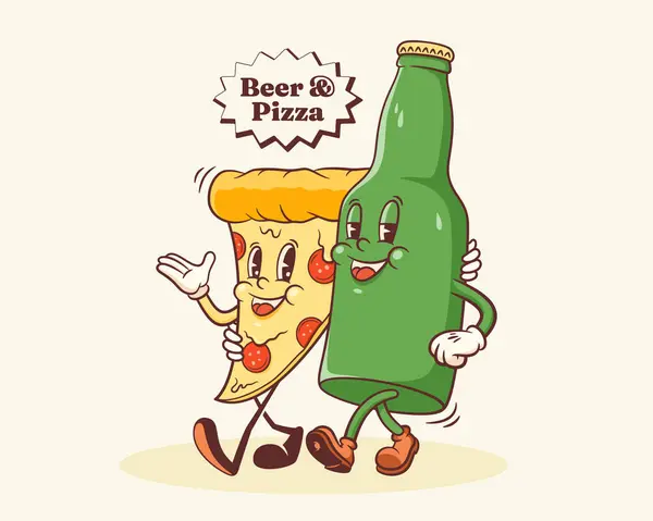 Wyśmienita Pizza Etykieta Retro Postacie Piwa Cartoon Slice Bottle Walking Wektor Stockowy