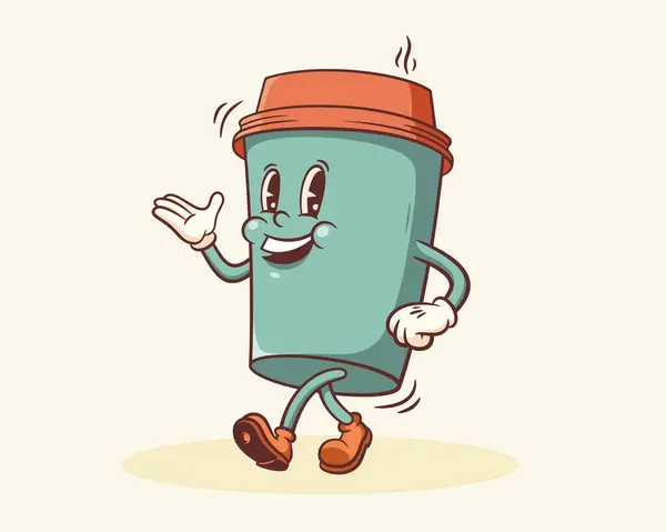 Groovy Coffee Mug Retro Character Tecknad Mat Papper Cup Walking — Stock vektor