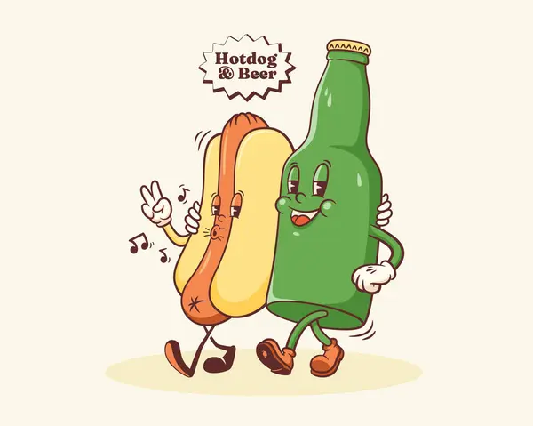 Groovy Hotdog Och Beer Retro Character Illustration Tecknad Korv Bulle — Stock vektor