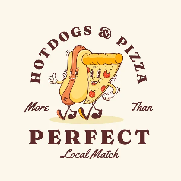 Groovy Pizza Hotdog Retro Personagens Label Template Fatia Comida Desenhos Gráficos De Vetores