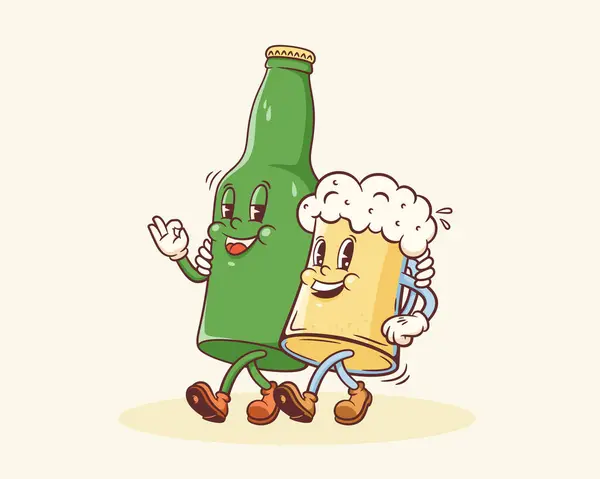 Groovy Beer Mug Och Can Retro Character Illustration Tecknad Drink — Stock vektor