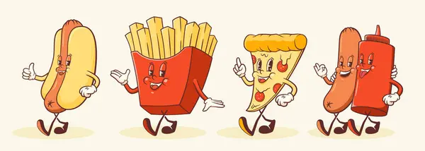 Персонажи Groovy Hotdog French Fries Мультфильм Retro Mascot Walking Smiling Лицензионные Стоковые Иллюстрации
