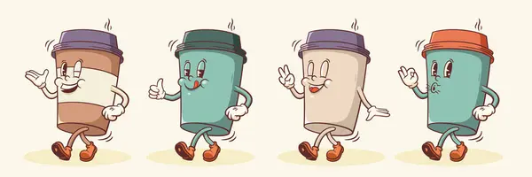 Groovy Kaffeebecher Retro Characters Set Vorhanden Cartoon Food Paper Cup Vektorgrafiken
