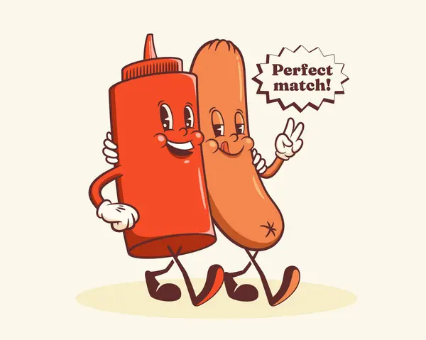Groovy Hotdog Retro Karakters Label Cartoon Worst Ketchup Bottle Walking Vectorbeelden